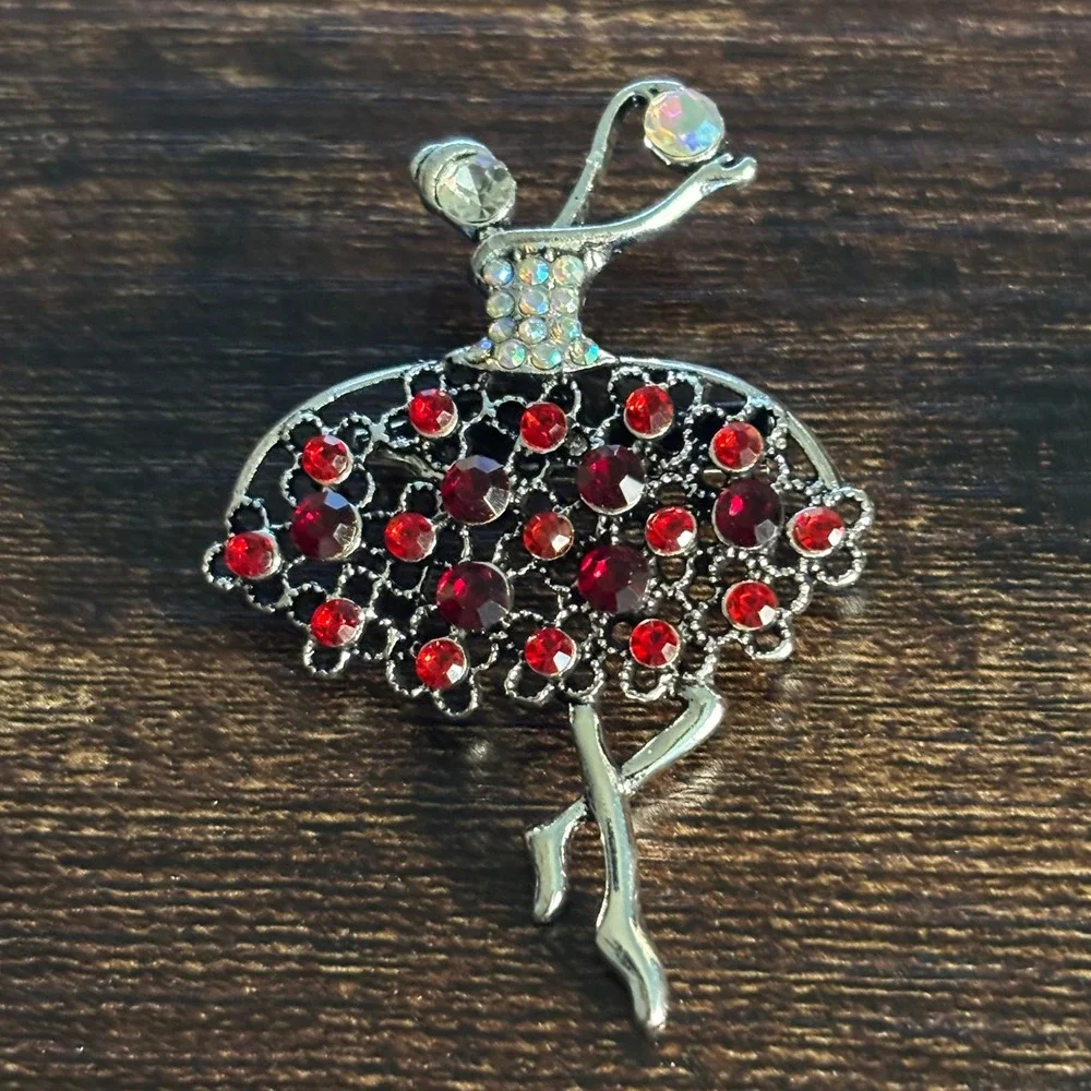 Silver Tone Red Rhinestone Ballerina Dancer Brooch Pin Aurora Borealis Accents